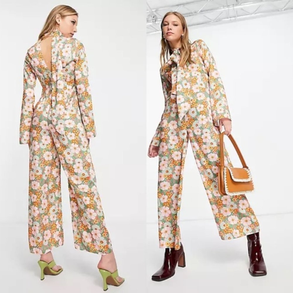 ASOS DESIGN 70s neck tie tea jumpsuit in retro floral